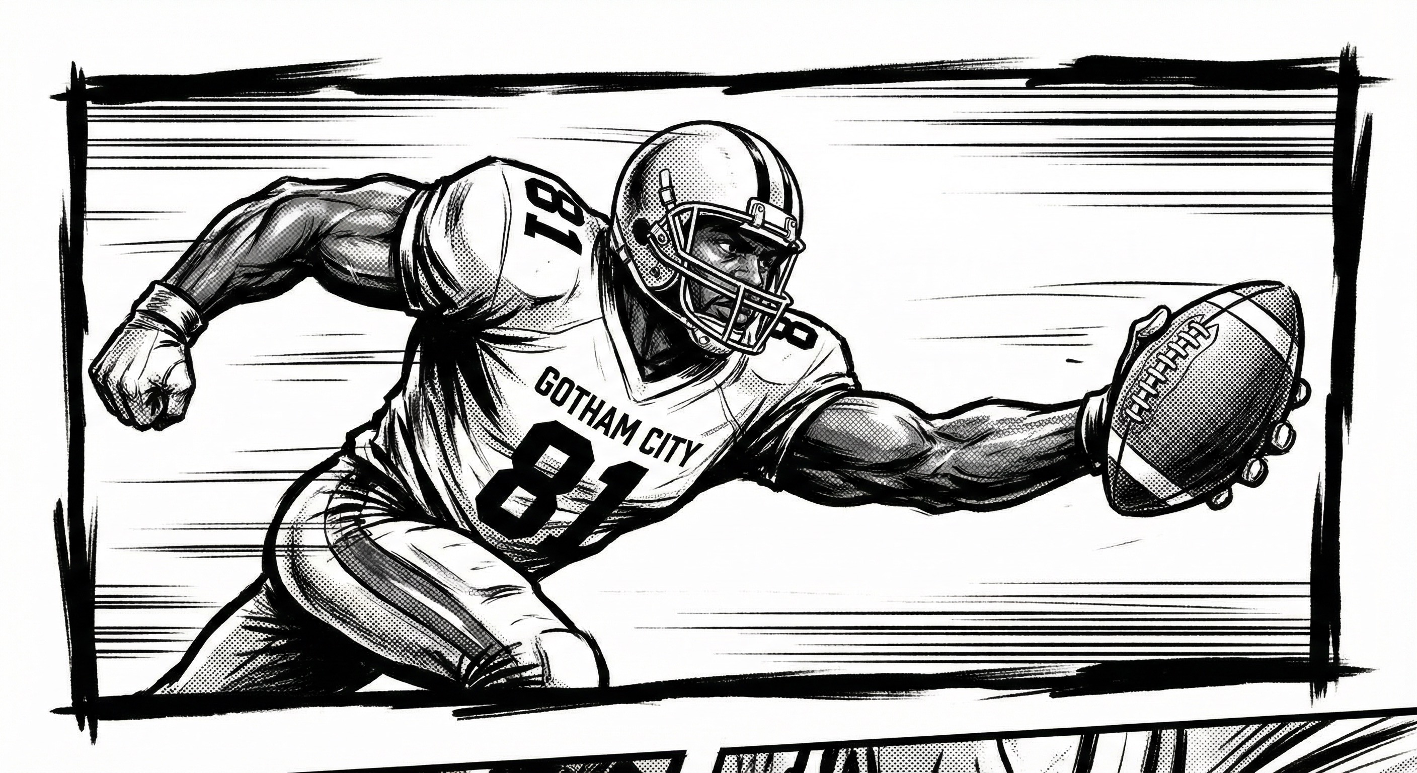 Comic illustration of a football wide receiver making a dramatic one-handed catch with speed lines