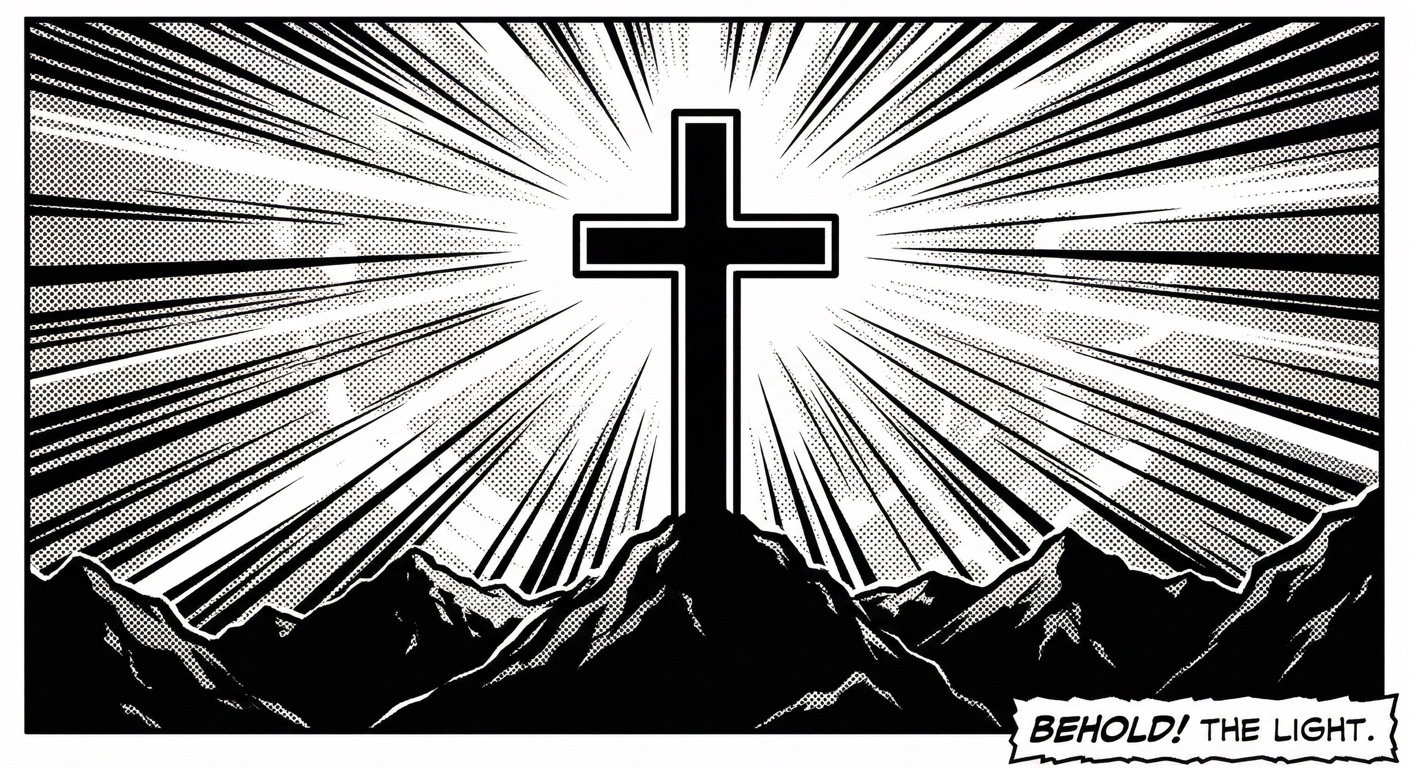 Comic illustration of a glowing cross on a hilltop with dramatic radiant light beams