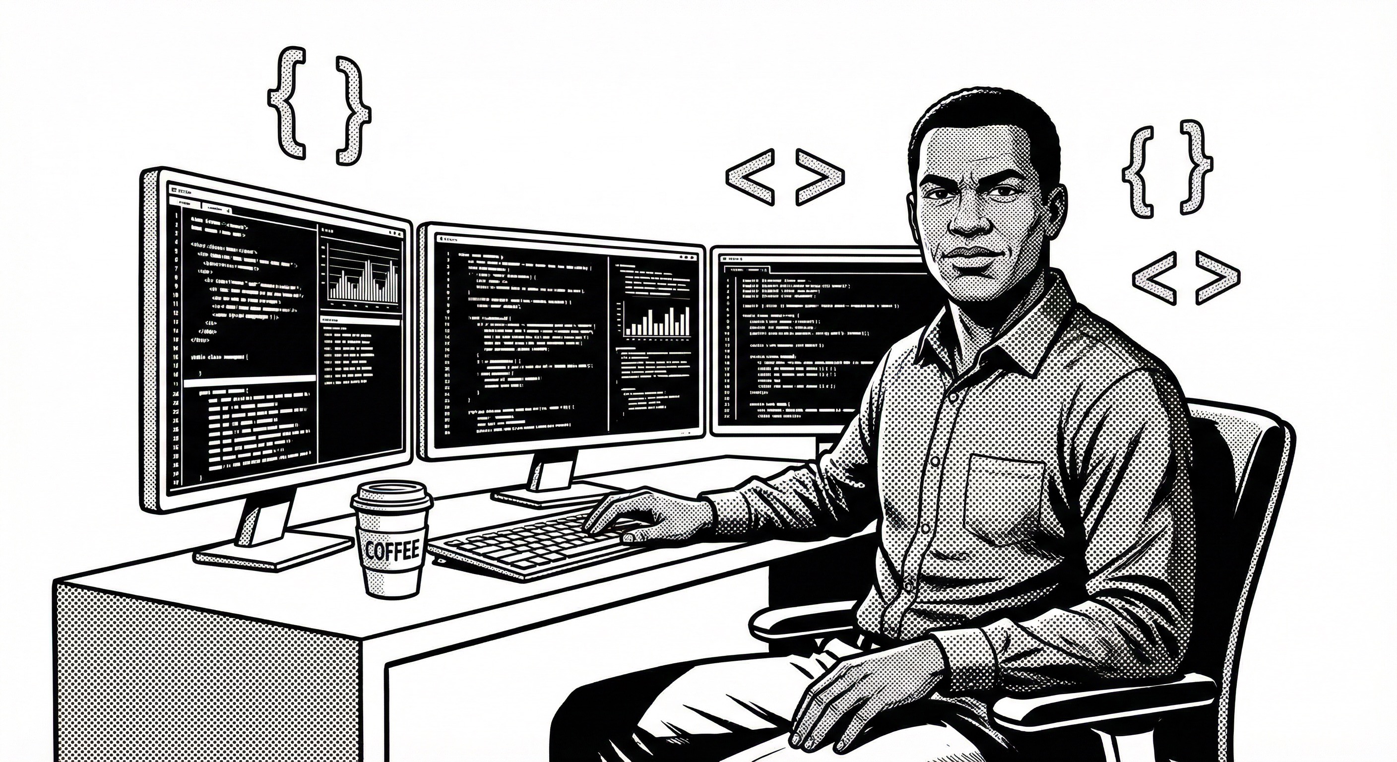 Comic illustration of a software developer at a multi-monitor setup with code on screens